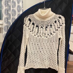 Elegant Cream Crochet Turtleneck Sweater